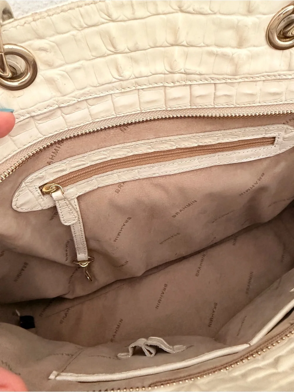 Brahmin Cream Croc-Embossed Tote with Tassel